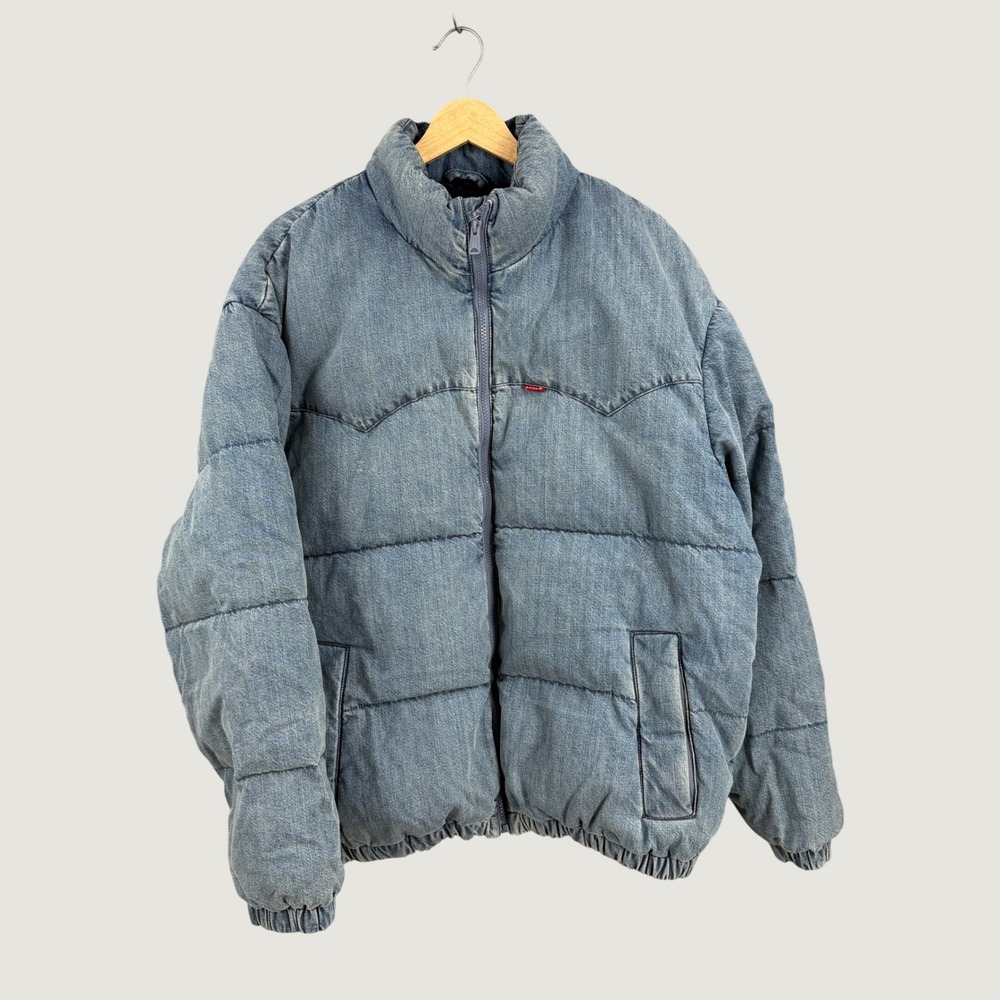 Levis Denim Down Puffer Jacket Womens Medium Blue Zip Front Duck Down Coat